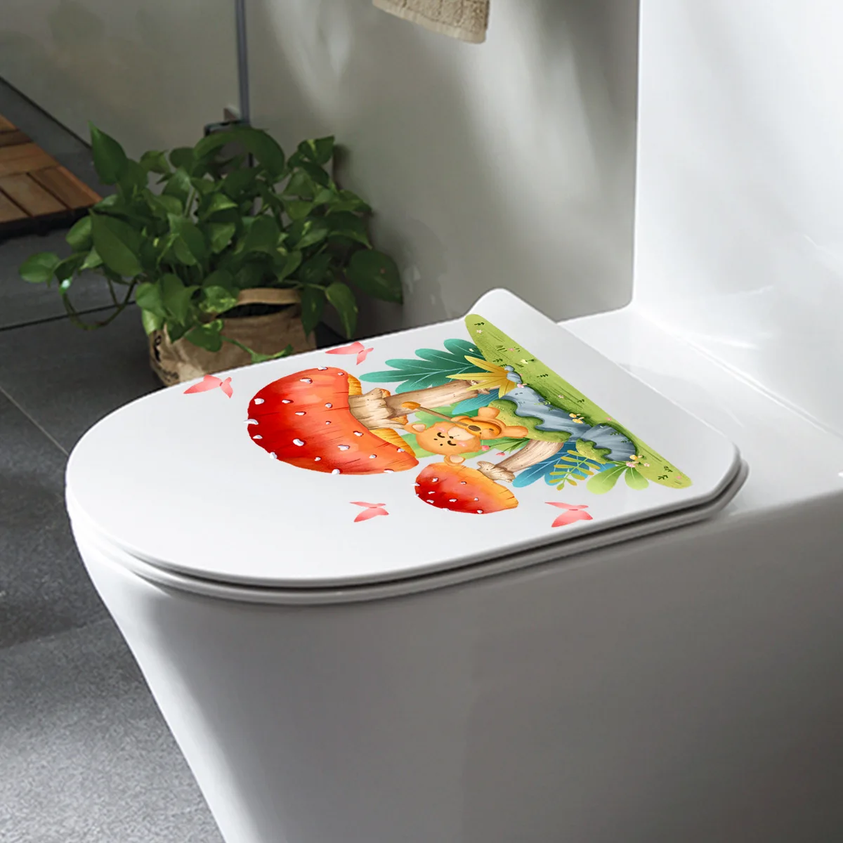 25*30cm Cartoon Cute Creative Mushroom Fox Bear Butterfly Toilet Sticker Bathroom Toilet Toilet Cover Decorative Wall Sticker