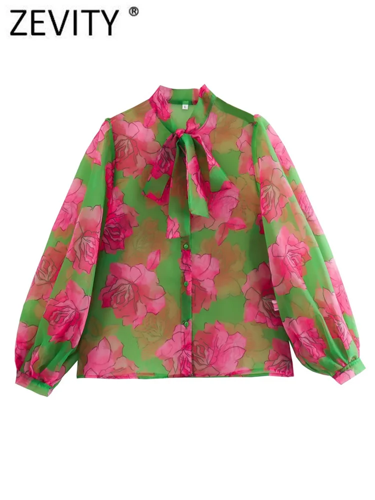 Zevity Women Fashion Bow Tied Collar Floral Print Organza Blouse Office Lady Puff Sleeve Shirt Chic Chemise Blusas Tops LS5756