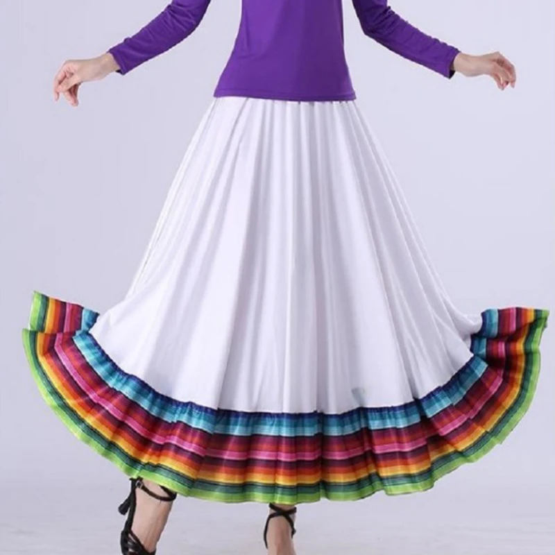 Womens Folklorico Dance Skirts Spanish Folkloric Mexican Flamenco Full Circle Performance Costume Colorful Stripe Hem Skirt L668