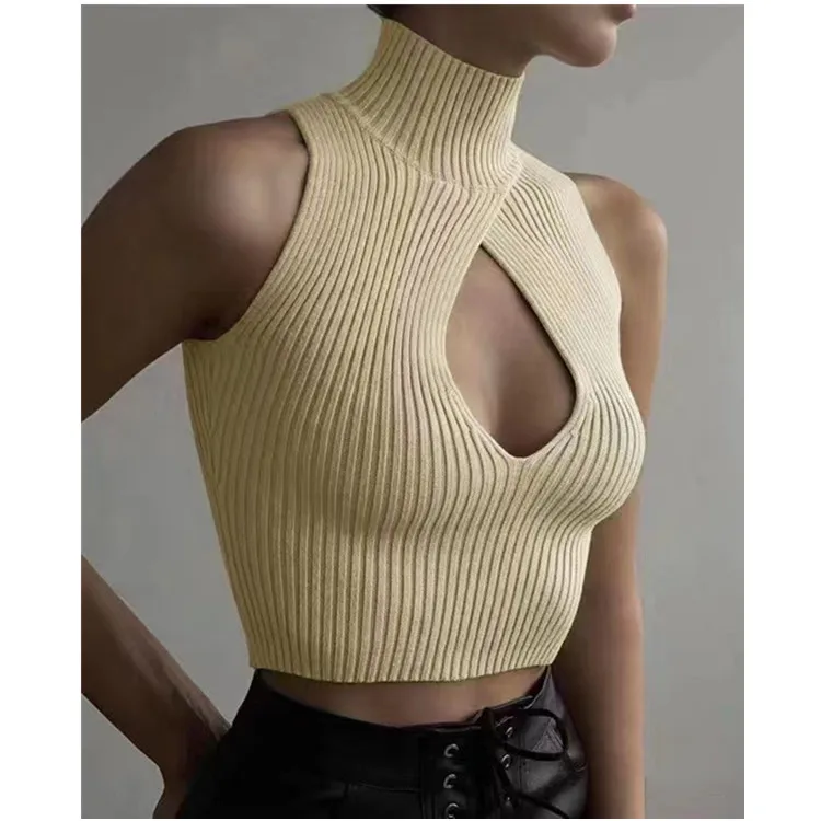 Y2K Cut Out Crop Vest Mock Neck Rib Knit Sleeveless High-Neck Ribbed Tops Tanks and Camis for Women Teengirl Summer Outfit