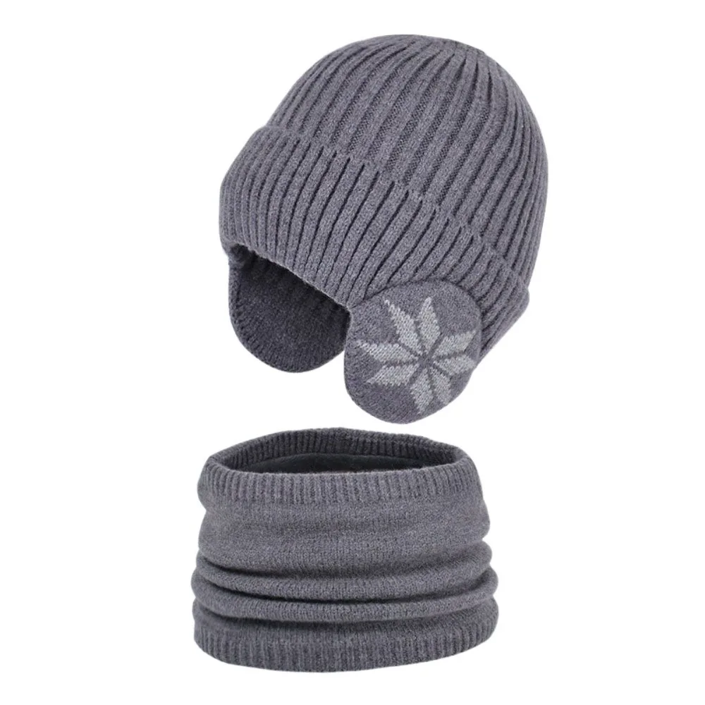 

2pcs Simple Solid Color Ear Protection Wool Caps Earflap Scarf Hat Set Windproof Thickened Pullover Hat Winter