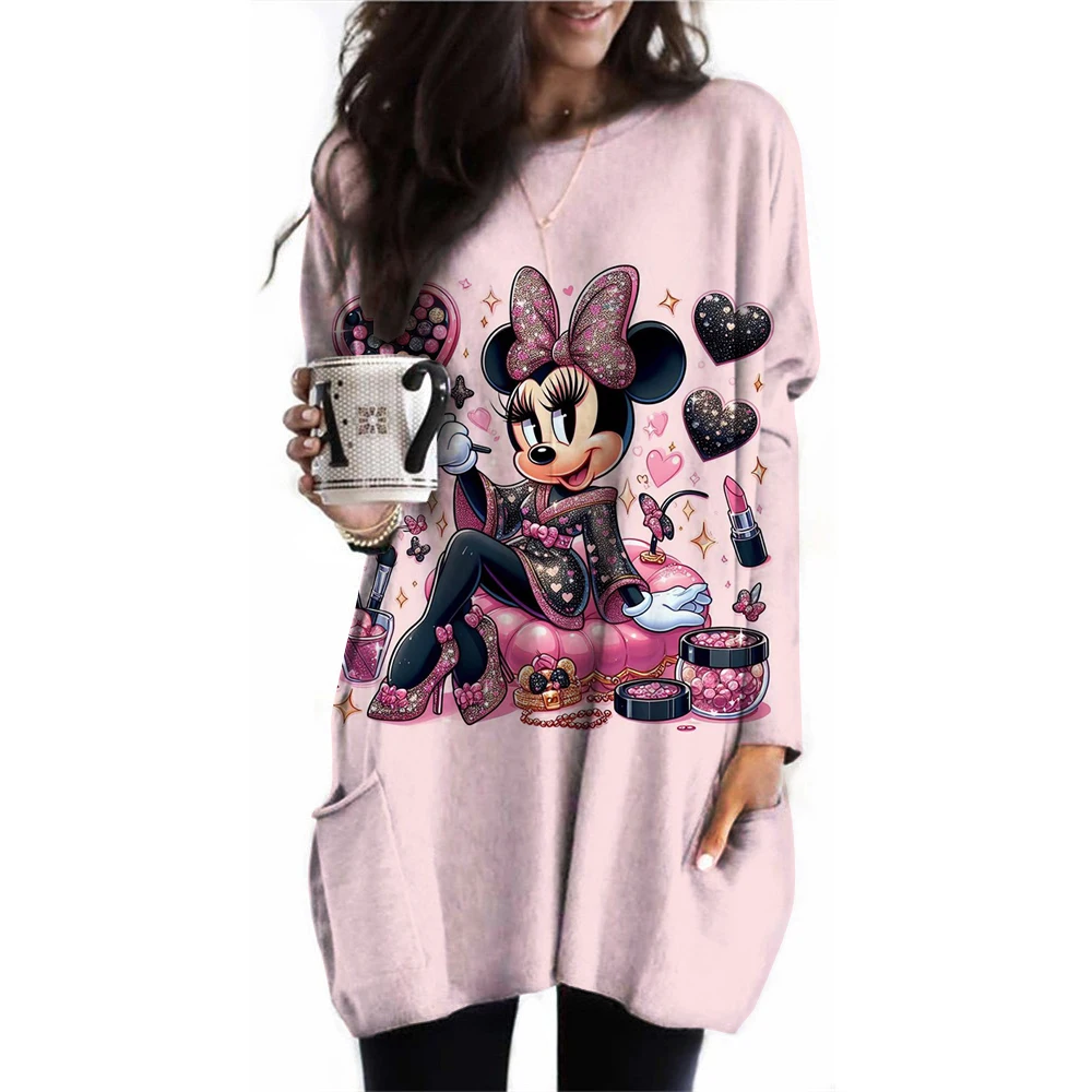 Disney Mickey Mouse Print T Shirt Women Graphic Shirts Casual Long Sleeved Minnie Mouse Pink Female Tee O-neck Harajuku T-shirts