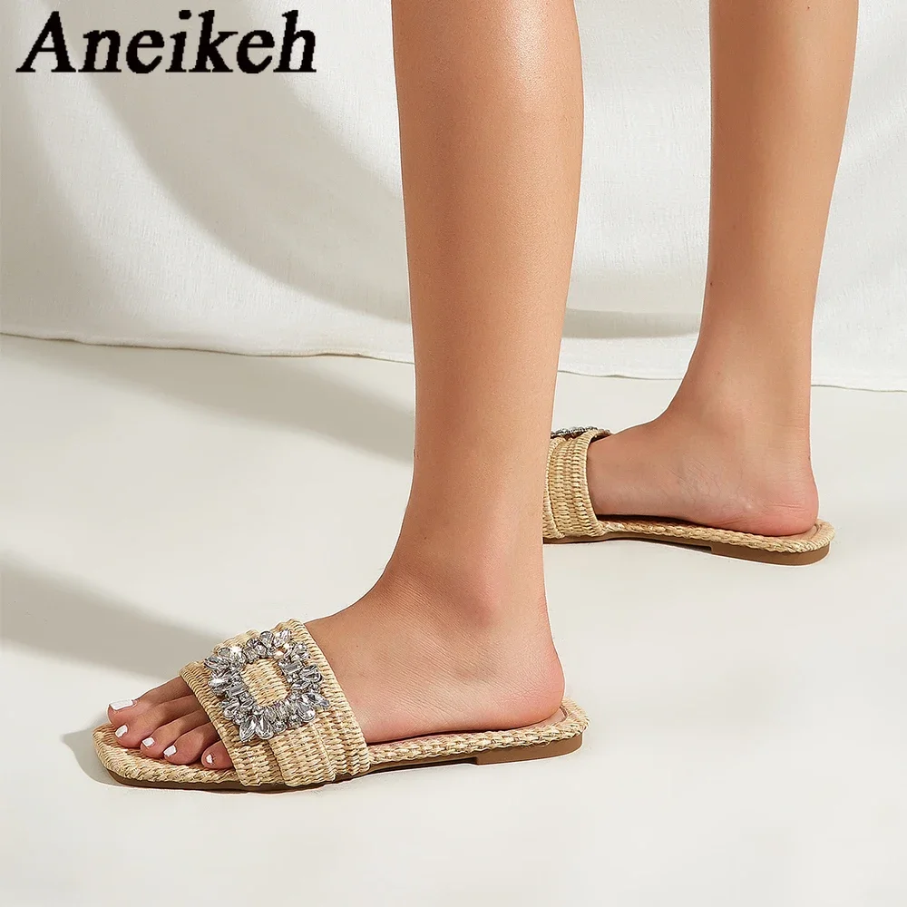 Aneikeh Summer Casual Fashion Square Headed Cane Knitted Flat Heels for Women Slippers Flat Bottom Crystal Sandals Beach Slides