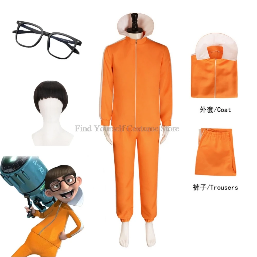 Film Vector Cosplay Kostuum Oranje Jakect Broek Outfits Set Paddenstoel-Vormige Pruik Bril Halloween Fancy Pak Party Pak