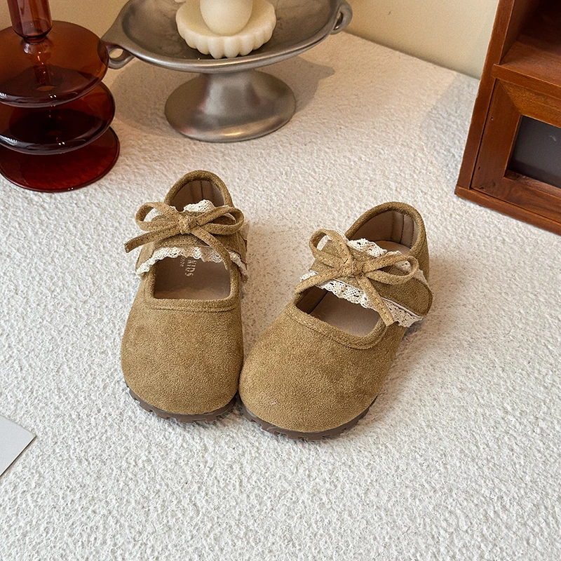 

Girls Vintage Suede Flat Shoes Bowknot Lace Children's Mary Jane Shoes Breathable Lightweight Kids Leather Shoes Wedding Party