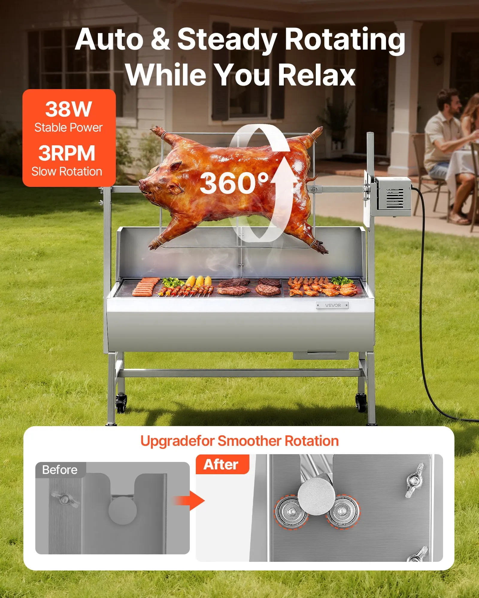 

Rotisserie Grill, 38W BBQ Outdoor Pig & Lamb Spit Roaster, Charcoal Spit Roaster With 132 LBS Load Capacity & 7-Level Height,