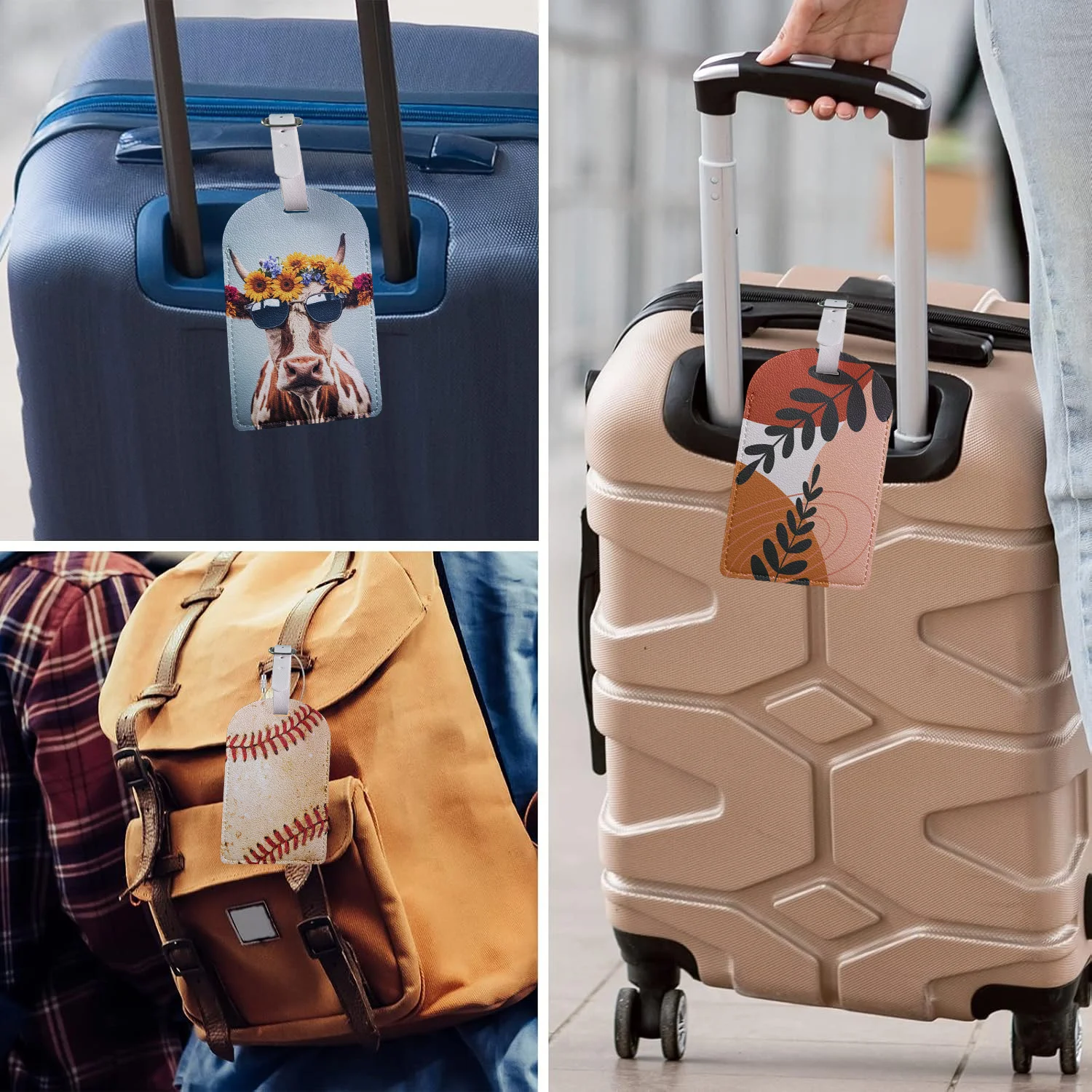Luggage Tags with Privacy Cover PU Leather Cruise Ship Waterproof Tag Funny Creative Art Suitcase Tags for Men Kids Women