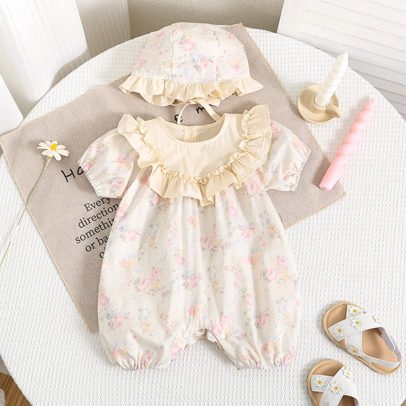 

MILANCEL New Summer Baby Bodysuit with Hat Toddler Girls Floral Loose Jumpsuit Infant Thin Short Sleeve Outwear 2PCS