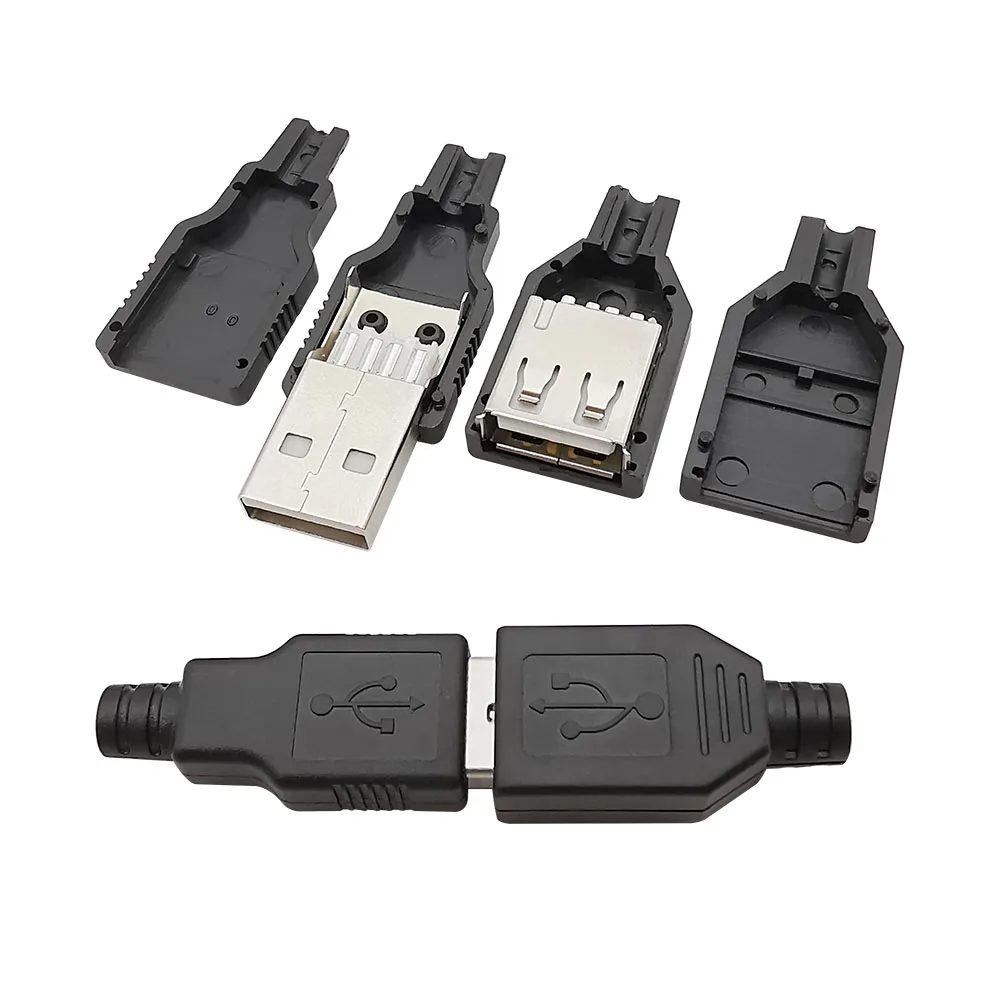 USB tipo A macho tomada fêmea, 4 pinos conector com tampa de plástico preto ou branco, DIY montagem solda Kits, 5pcs