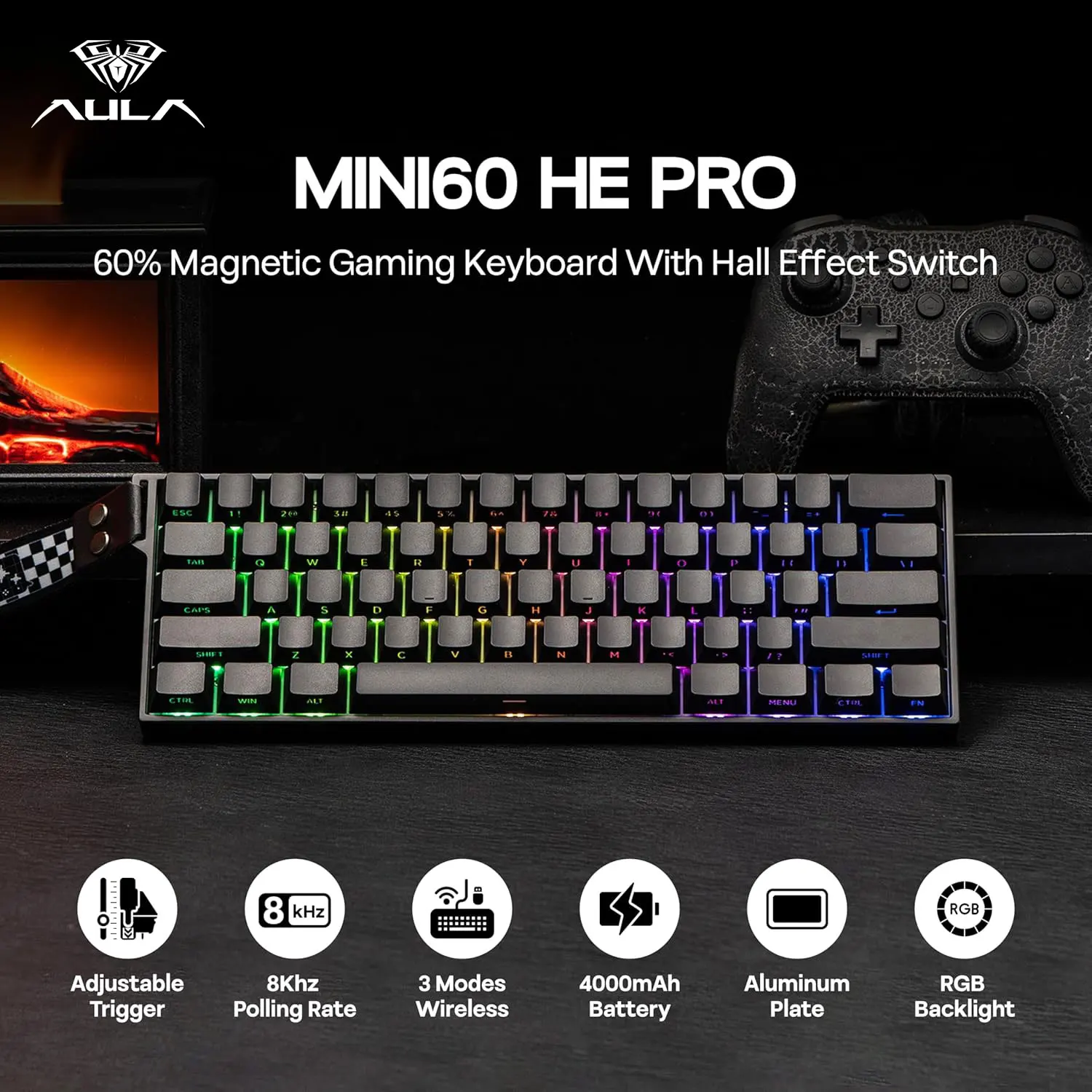 AULA Mini60 HE/Pro/Max 60% Magnetic Switch Keyboard RGB Tri Mode Wireless Mechanical Keyboard 8000Hz 0.01mmRT for Pc Gamer Gifts