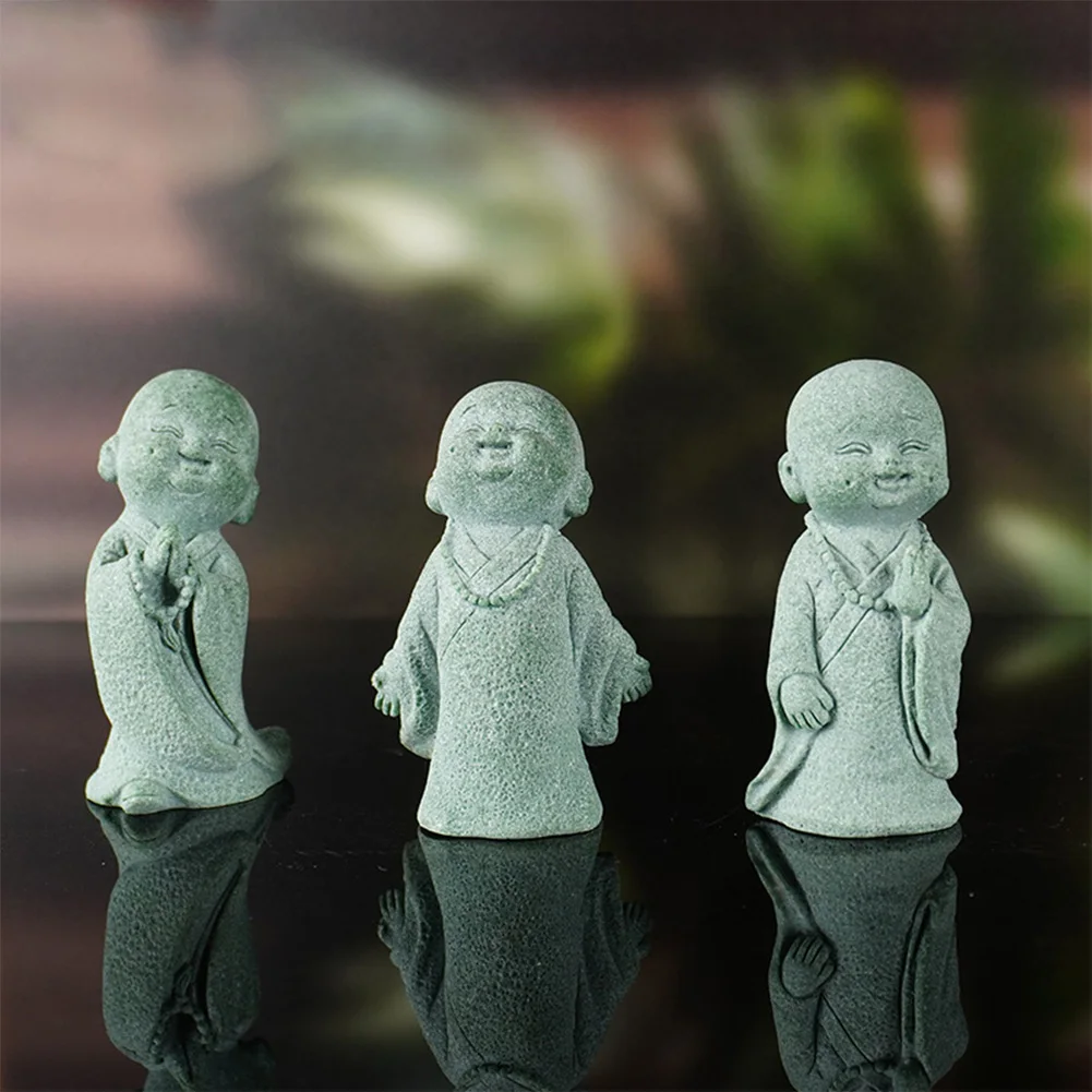 3pcs/set Zen Monk Buddha Statue Praying Sculptures Ornament Smiling Praying Monk Statue Sandstone For Fish Tank Home Decoration