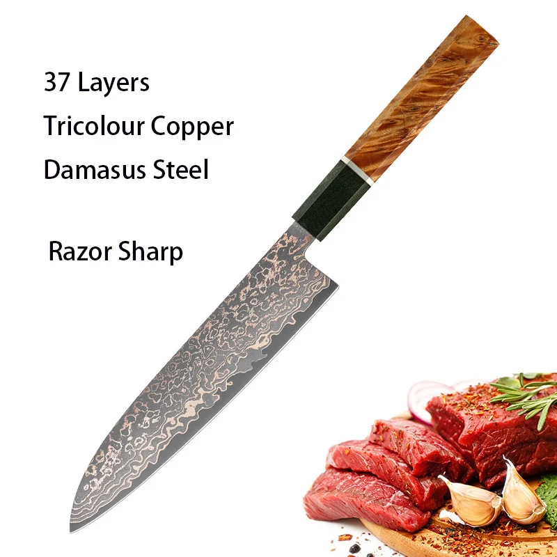 Chef Cleaver Knife 37 Layer Tricolour Copper Damasus Steel 12Cr18MoV Razor Sharp Slicing Santoku Nakiri Kiritsuke Kitchen Knives