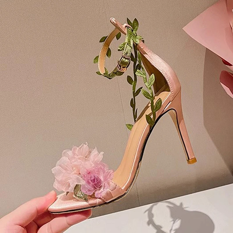 

Pink Chiffon Flower with Green Leafs Silk Sandals Thin High Heels Peep Toe Summer Floral Beauty Bridal Sandalias Wedding Shoes