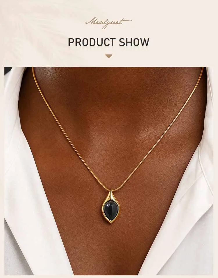 Natürliche schwarze Onyx-Halskette für Damen, 18K vergoldete Edelstahl-Tropfen-Edelstein-Anhänger-Halskette, Jubiläumsschmuck – Detail 1