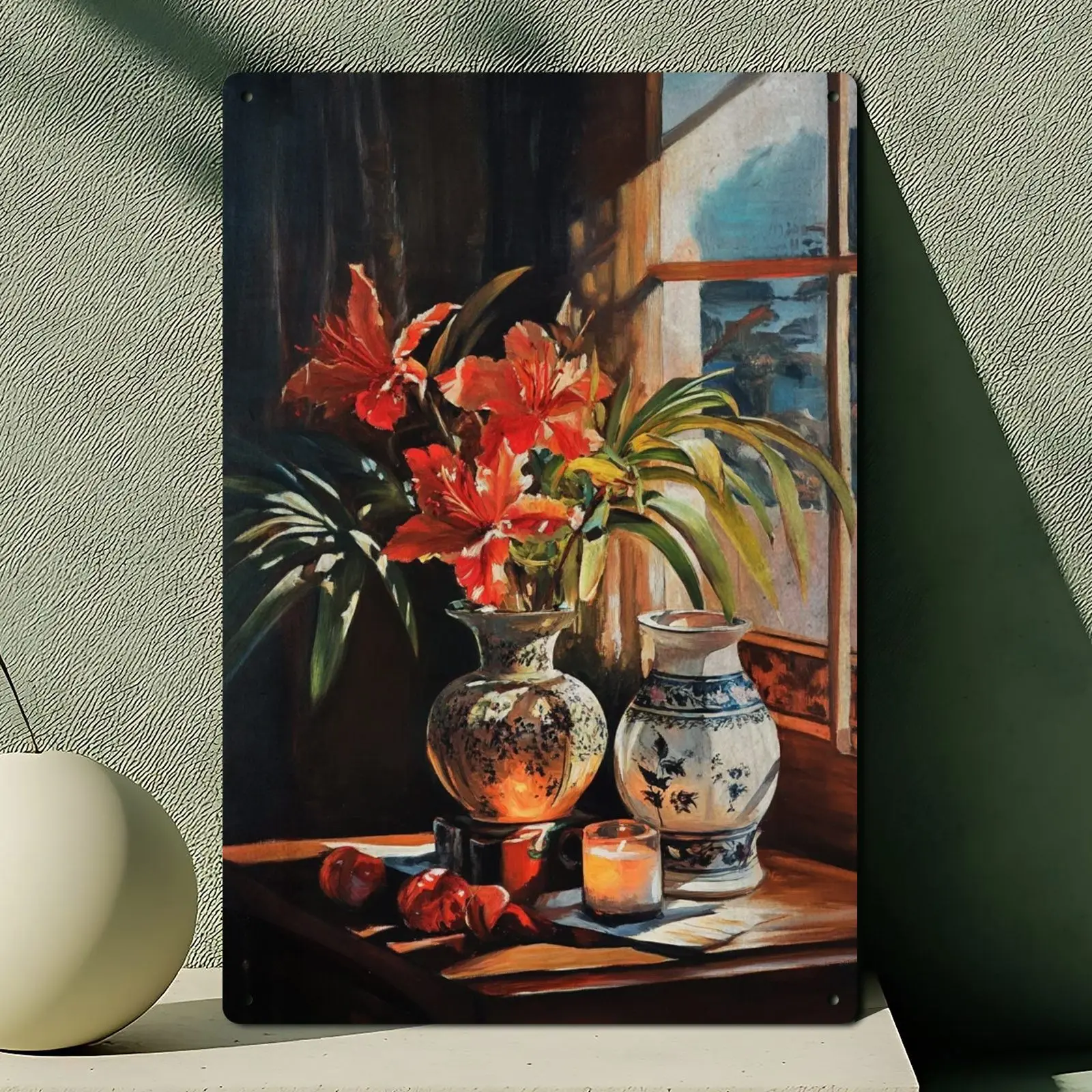 Un morceau d'un signe en étain en metal doté d'une Nature muerte avec une peintureleggère Bangelliise، conçu dans un style 2D pl #1