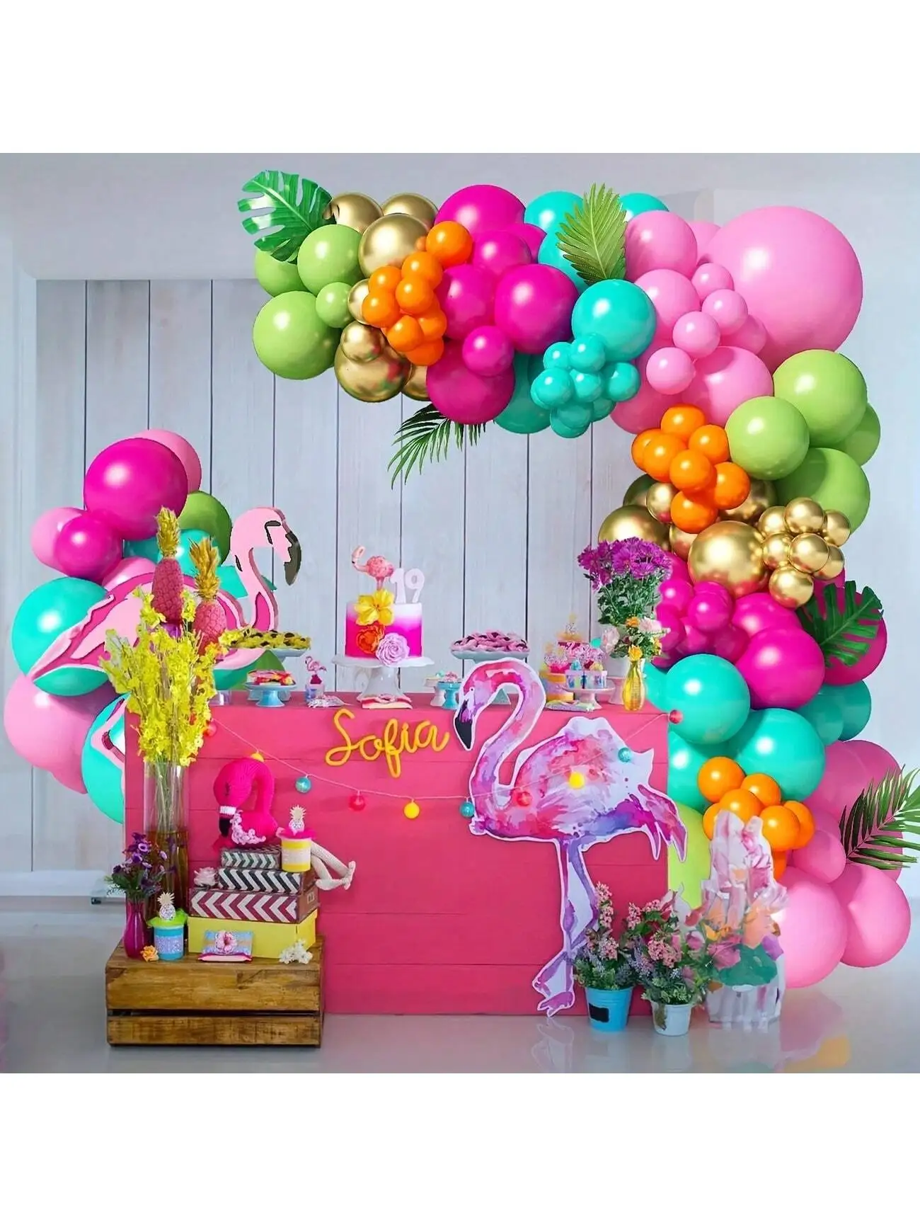 106pcs tropical balloon garland set, pink, green, blue, metallic gold latex balloons,for beach wedding decoration,birthday