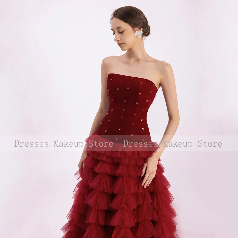 Vestidos de baile luxuosos em camadas babados cristal sem alças sem mangas vestidos formais femininos longo até o chão uma linha vestido de noite