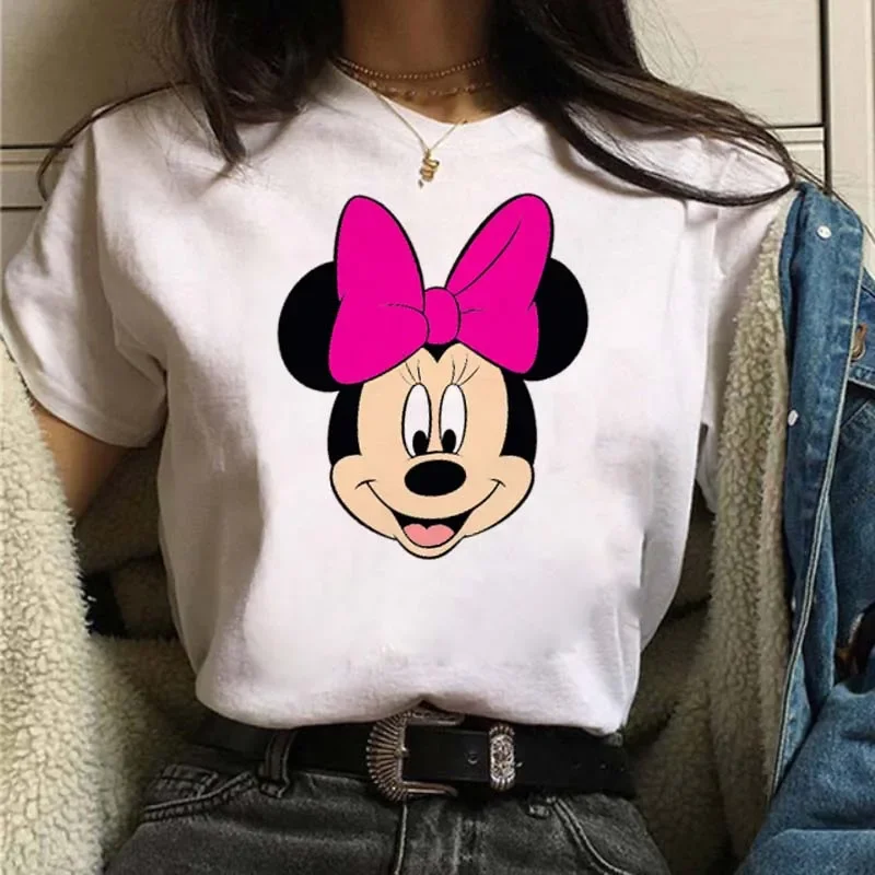 Women T Shirts Cute Minnie with Pink Bow Women Tshirt Cartoon Graphic Printed Ladies T Shirt Streetwear Female Clothes Top Y2K