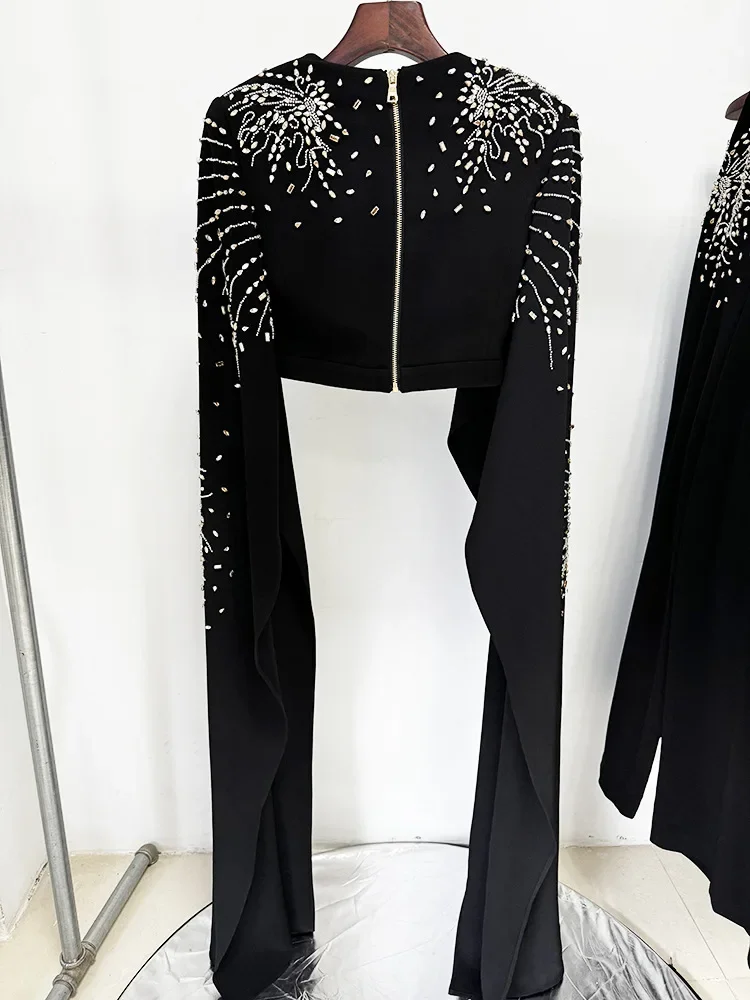 Festival Outfit Women 2024 New Fashion Lotus Leaf Sleeves with Hand Diamond Studded Beads Short Black Top Pants Set Outfits