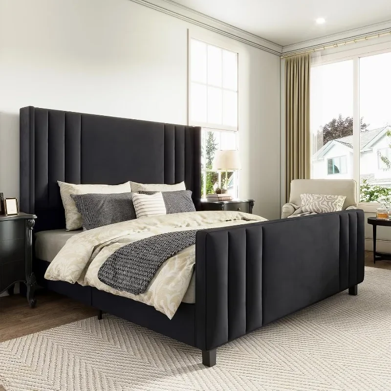 Queen Size Bed Frame, Velvet Upholstered Platform with Vertical Channel Tufted Headboard & Footboard/Mattress Foundation