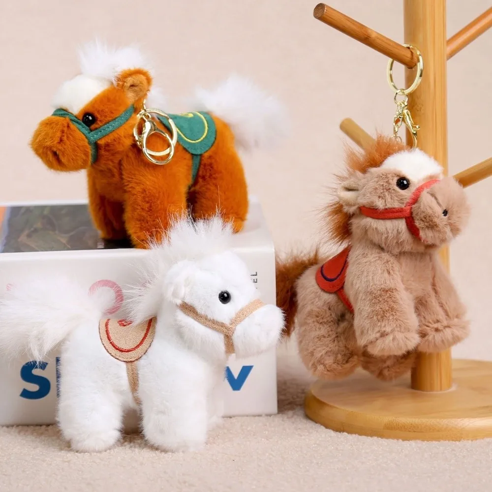 Cartoon Steed Horse Keychain Long Haired Tail Mascot Stuffed Animal Keyring Fluffy Zodiac Pony Figurine Horse Pendant