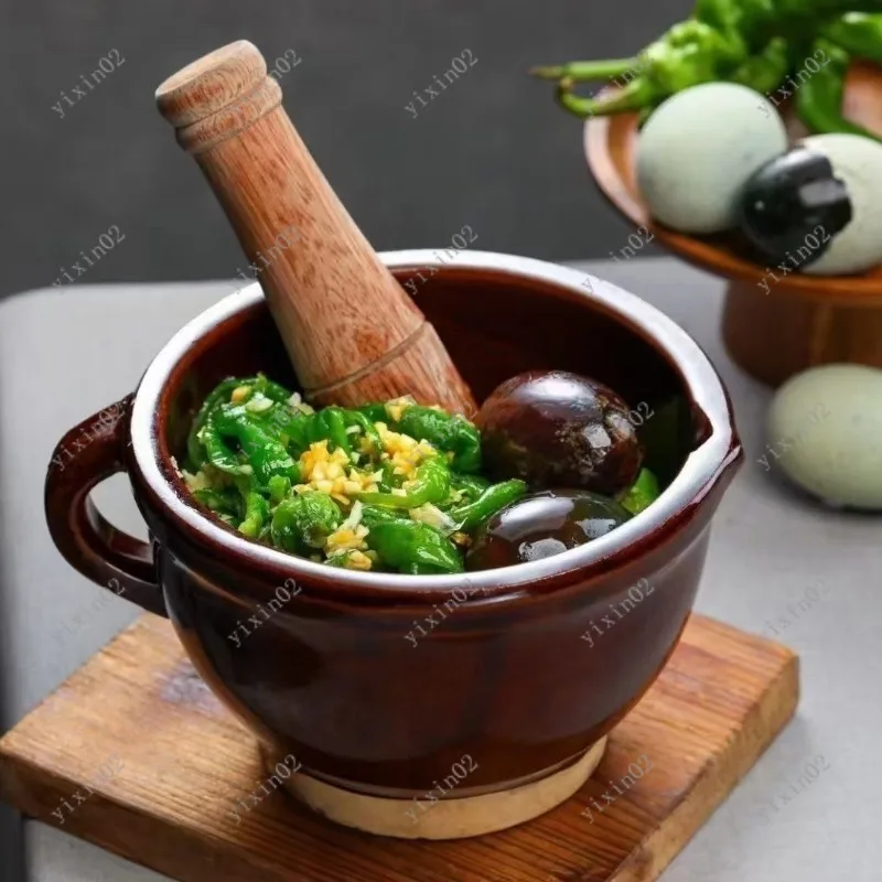

Vintage Handmade Clay Mortar and Pestle Manual Garlic Chili Grinding Tool for Home Kitchen