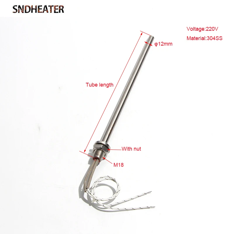 SNDHEATER 1pc  M18 Thread Stainless steel Air Dry Burn Single Head Tube 12mm*200-600mm 220V 250W-850W For Baking Motor