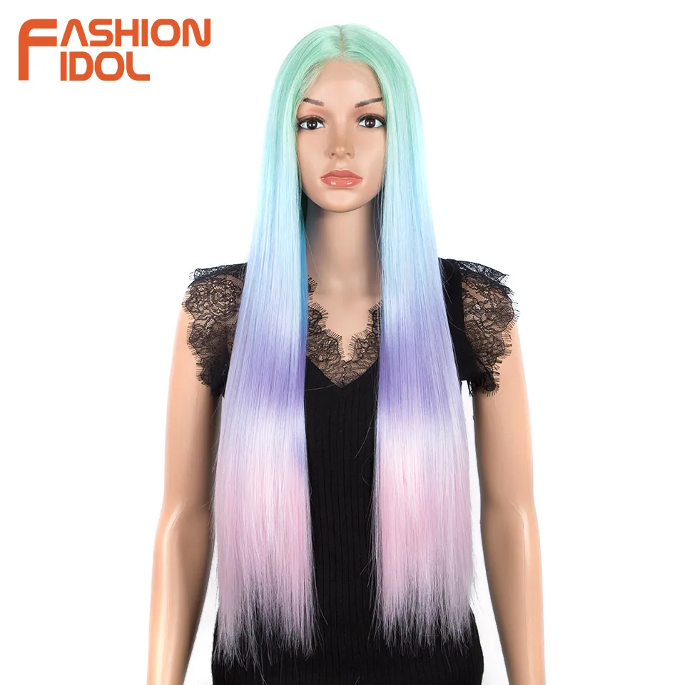 FASHION IDOL 30 Inch Straight Wig Synthetic Hair Lace Wigs For Women Ombre Rainbow Colorful Cosplay Wig Heat Resistant Fake Hair