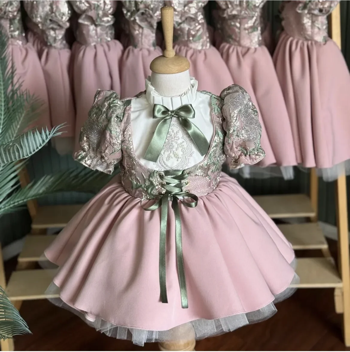 

0-12Y Baby Girl Pink Floral Turkish Vintage Princess Ball Gown Dress for Party Birthday Holiday Photography B100