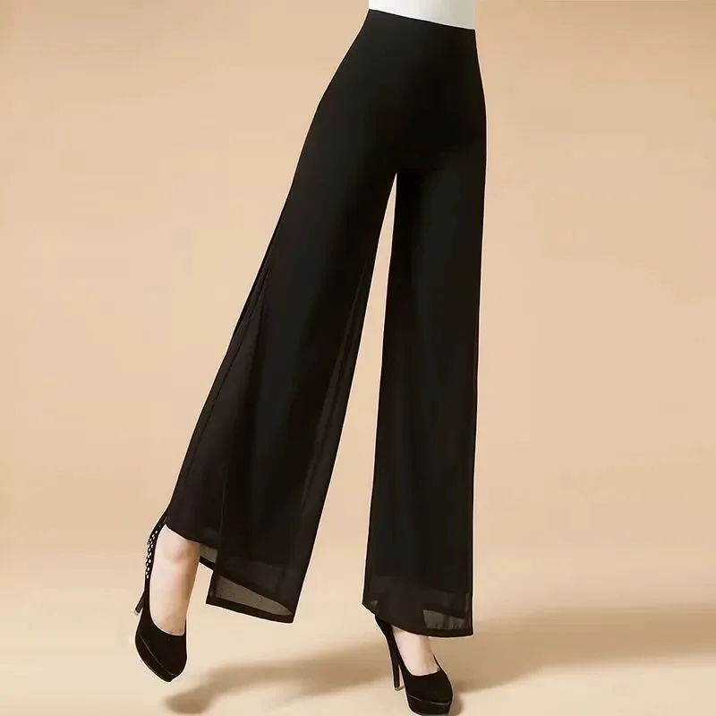 Ladies Summer Loose Elastic Waist Long Trousers Chiffon Side Split Casual Straight Pants Women Spring Wide Leg Skirts Pants 4XL