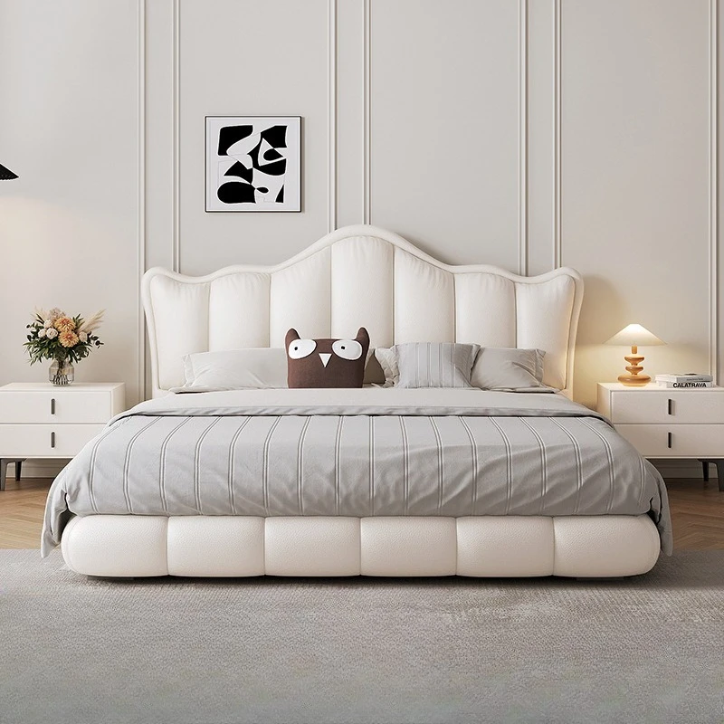 French cream style leather master bedroom first layer cowhide high-end light luxury modern simple double wedding bed