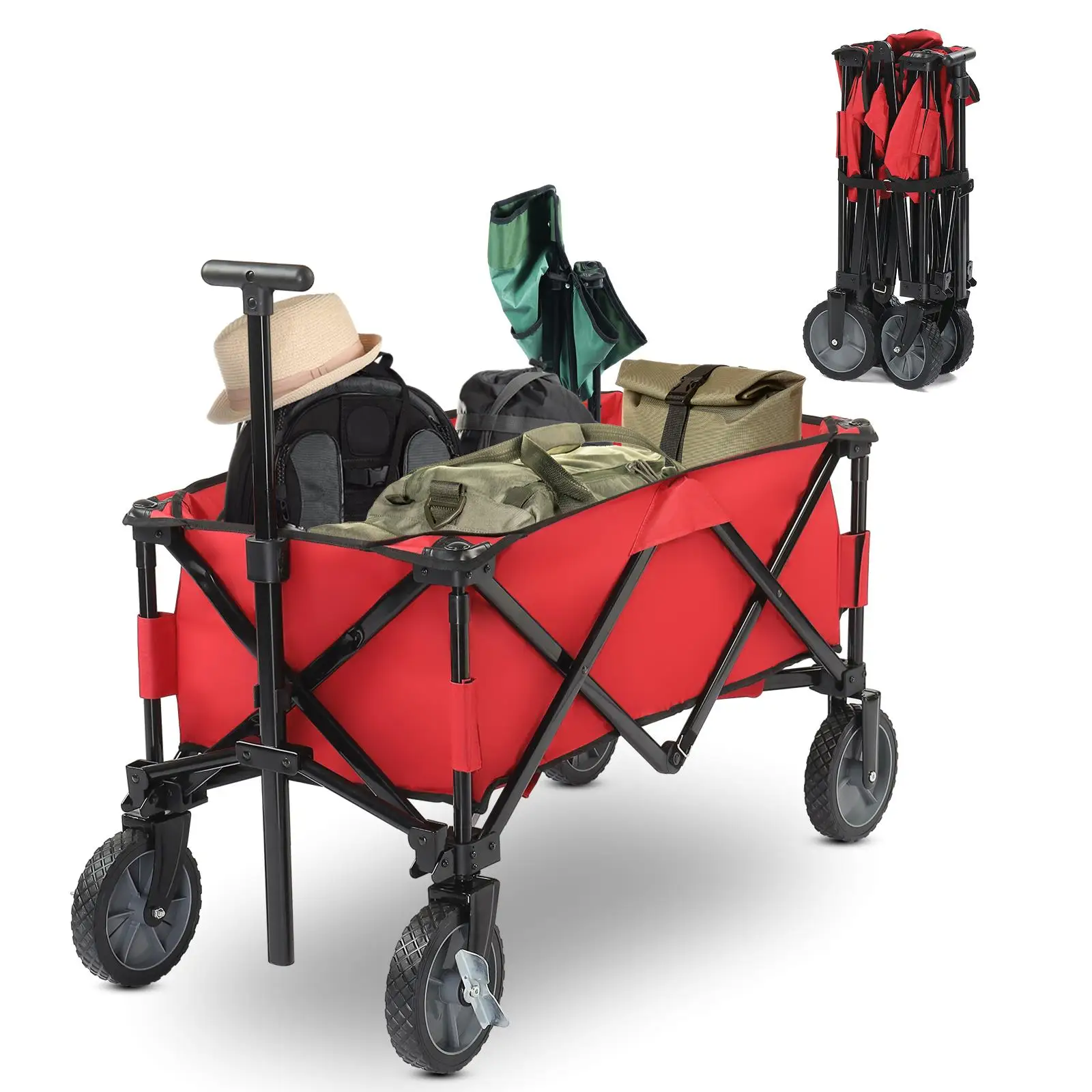 Foldable Red Outdoor Wagon - Collapsible Design for Easy Transport and Storage