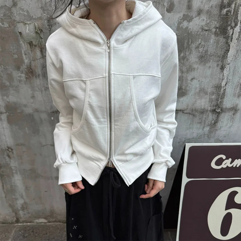Korean Version Autumn Winter Solid Pocket Collar Coats Vintage 2000s Style Loose Zipper Hooded Basic Casual Cardigans