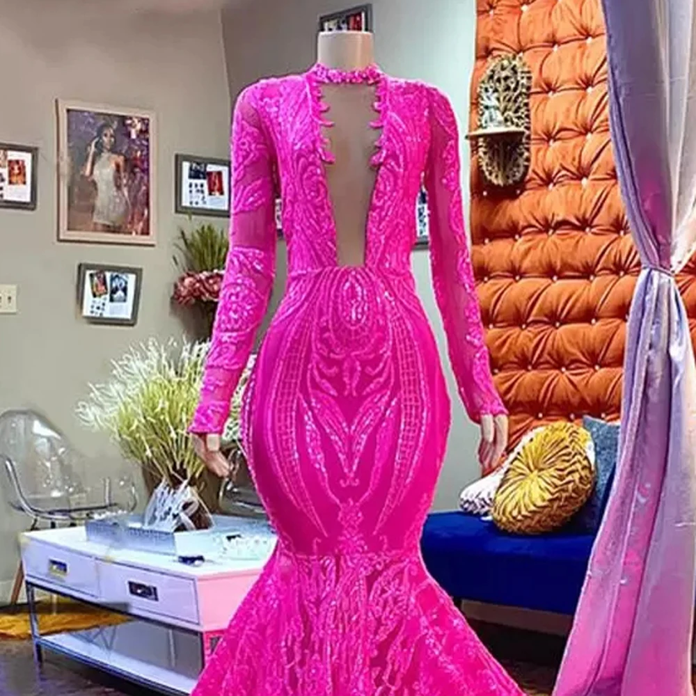 New Arrival Mermaid Ruffled Evening Dresses Hot Pink Sexy Deep V Lace Sequined Sparkly For Wedding Party Prom Celebrity Gowns