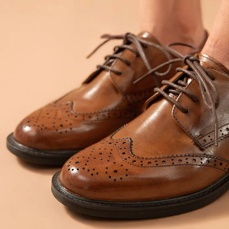 BeauToday Brogue Dress Shoes Women Genuine Leather Lace-Up Oxfords Wingtip Round Toe Waxing Calfskin Flat Shoes Hnadmade A21086