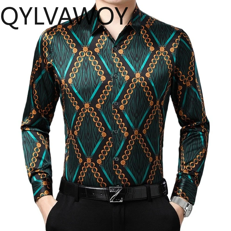 QYLVAWOY Premium Men's Shirts Long Sleeve 90.8% Mulberry Silk Shirts Printed Shirts for Men Menswear Clothing Spring Autumn Tops
