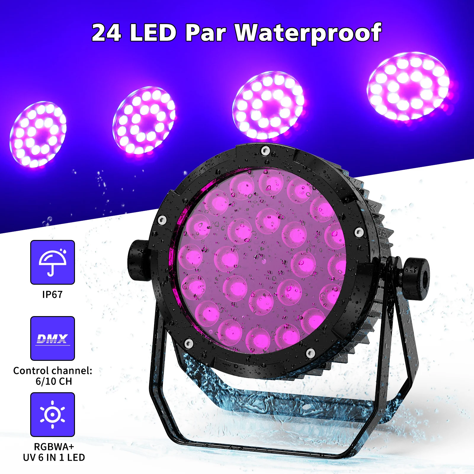 U'King Waterproof RGBWA+UV Par Light DMX512 24x10W 6in1 LED Stage Light DJ Light for Disco Dance Hall Party Bar Performance