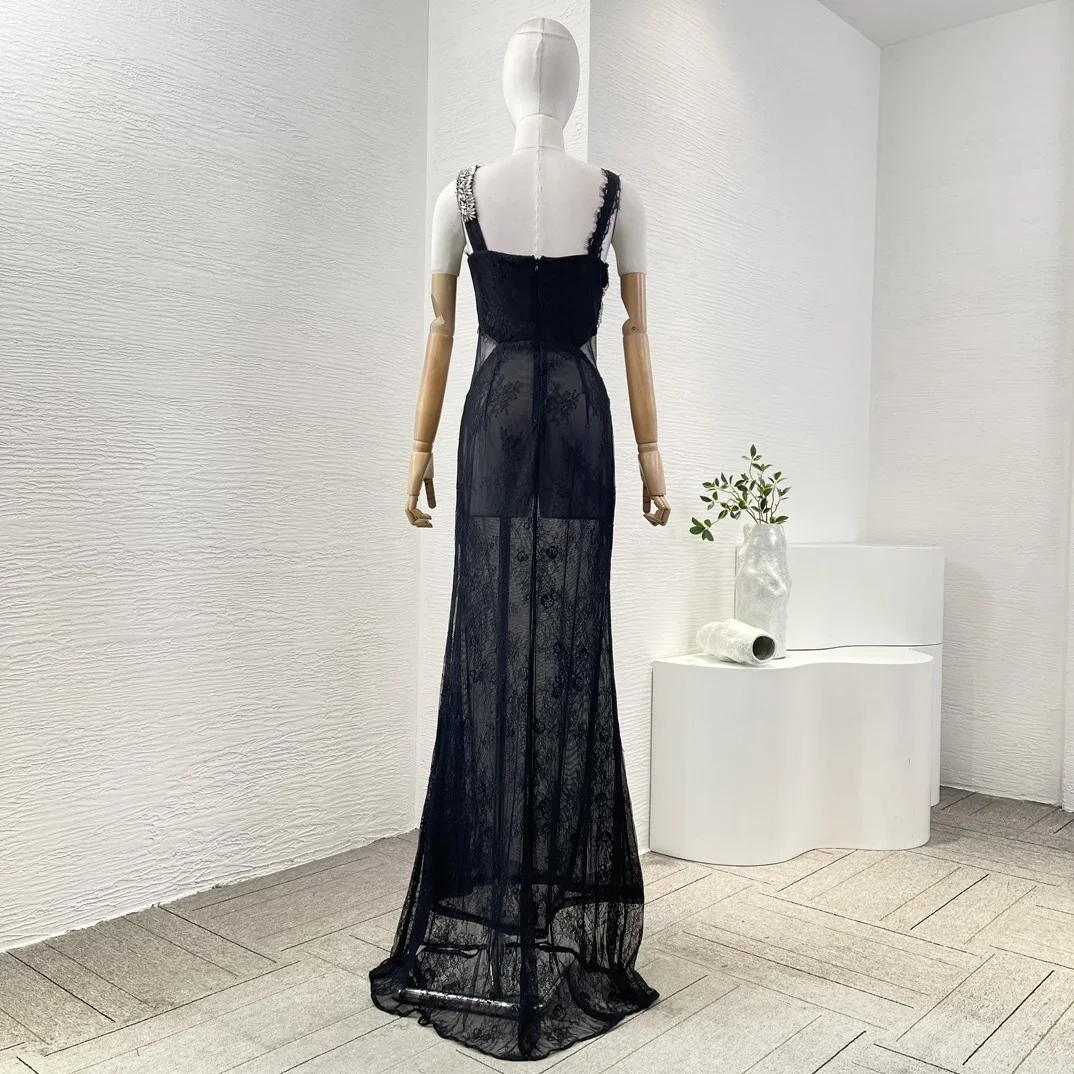 2024 New Black Cross Tie Front Sleeveless Diamonds Lace Patchwork See Throgh Maxi Dress for Women