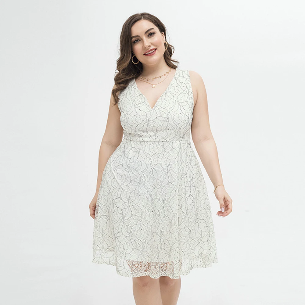 2022 Summer Plus Size Dresses For Women White Sleeveless Tank Dress Casual Loose Large Size Midi Dress Elegant Lace Dresses Lady