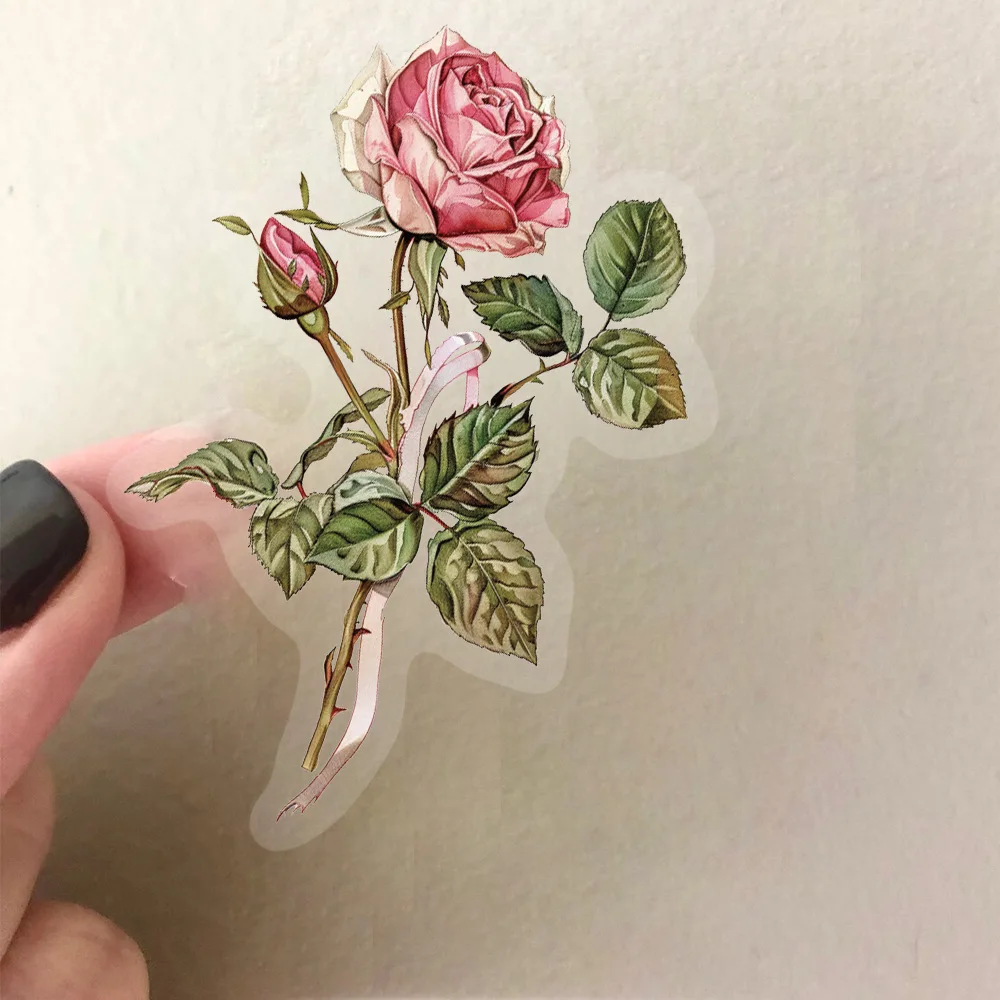 50pcs Transparent Vintage Floral Stickers Guitar Notebook Booklet Letter Rose Flower Stickers Kids Student Scrapbooking Supplies