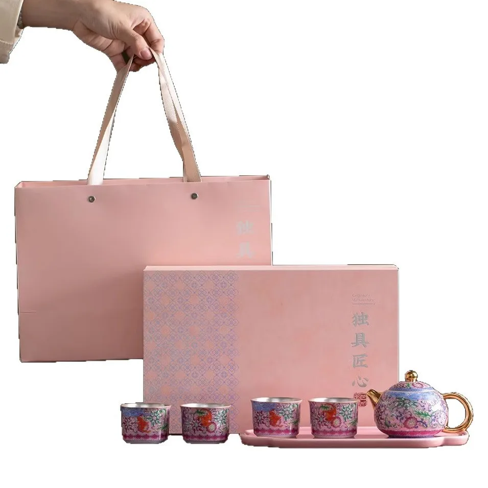 

Enamel tea set, one pot of four cups, ceramic tea tray gift box set