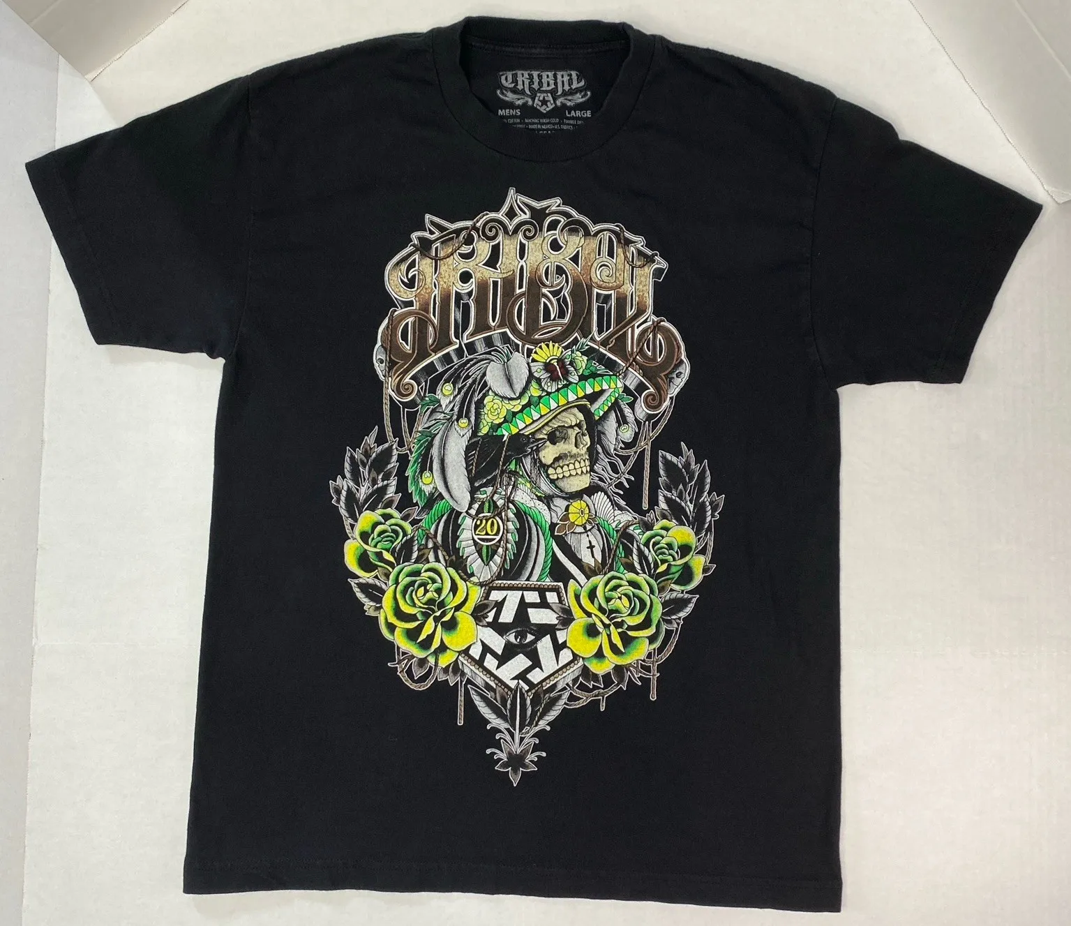 Tribal Gear 20th Tee M LG Skull Roses Headdress Crow Eye Aztec Streetwear Black