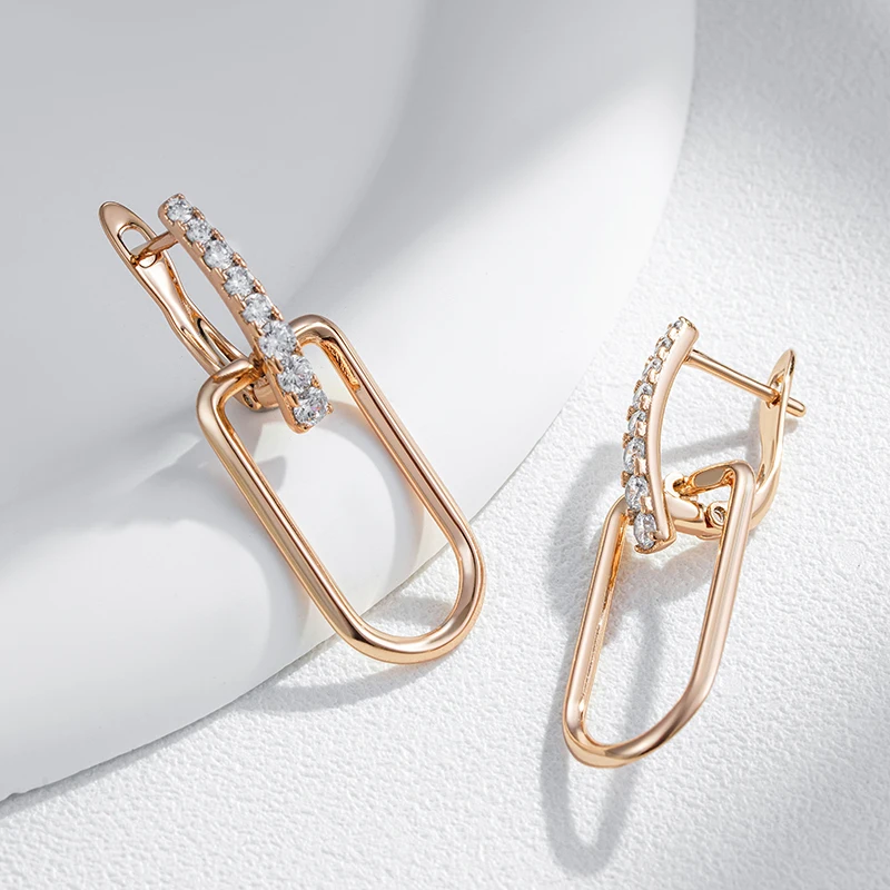 Kinel Fashion 585 Rose Gold Color Glossy Hollow Square Drop Earring for Women Unusual Shiny Natural Zircon Daily Fine Jewelry
