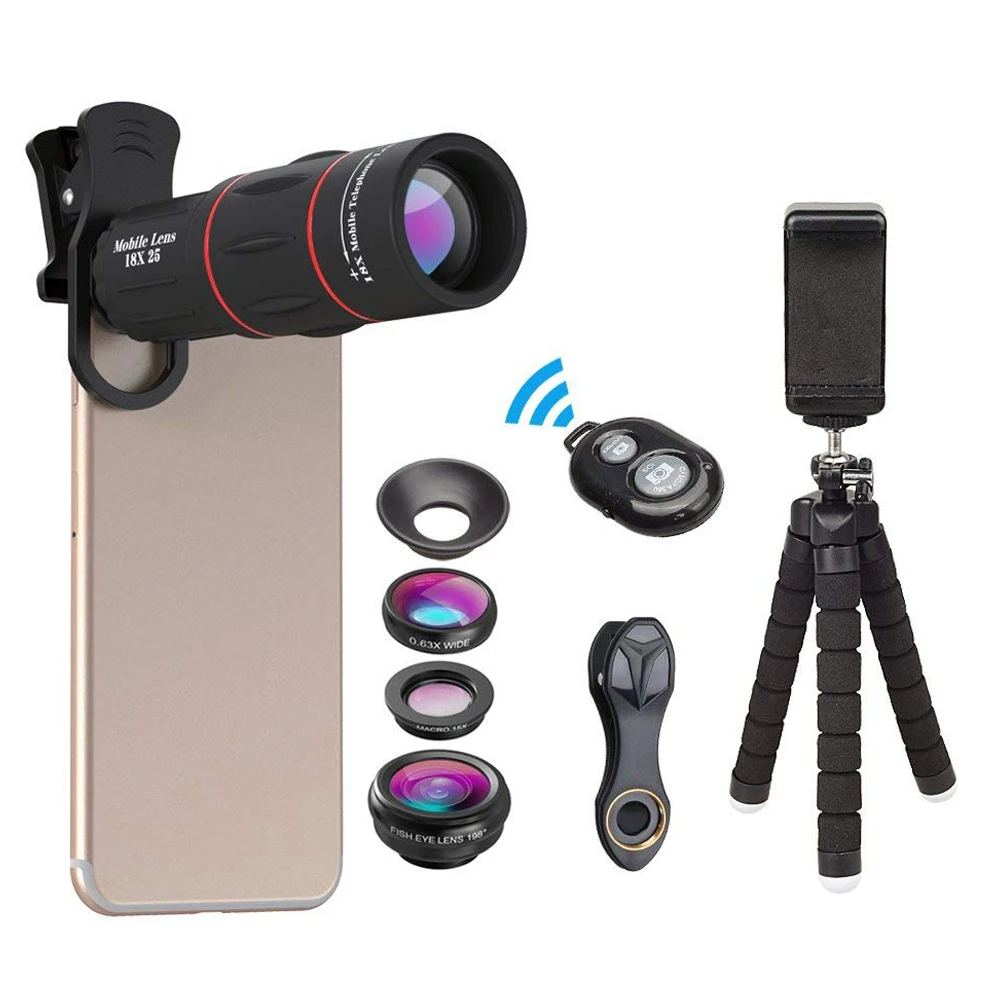 APEXEL 5 in 1 Phone Lens Kit 18X telescope Lens with Fisheye Wide Angle macro telephoto Lense for Samsung Huawei all smartphones