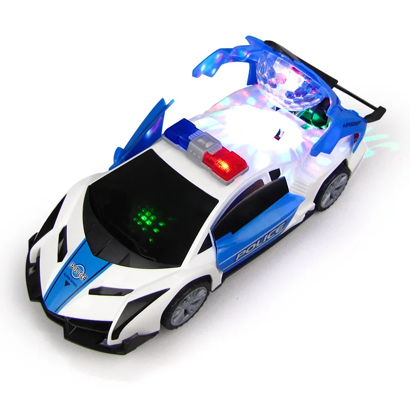 Brinquedo do carro elétrico para crianças, porta de elevação automática, rotação de 360 °, luz universal, música, modelo policial, presente do menino, quente