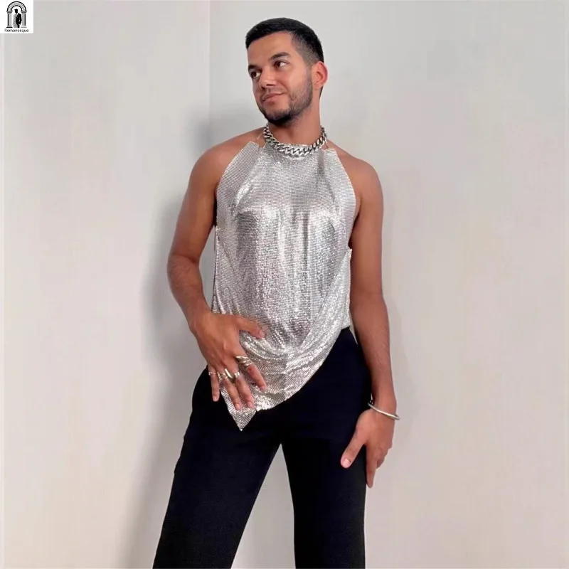 Hot Selling Men's Halter Backless Sequin Tank Top Shiny Metallic Club Party Sexy Night Out Vest Silver Metallic Mesh Halter Top