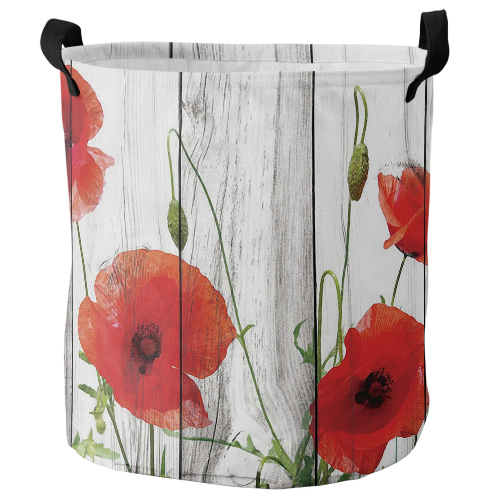 Vintage Wood Red Flowers Poppy Dirty Laundry Basket Foldable Waterproof Home Organizer Basket Clothing Kids Toy Storage Basket