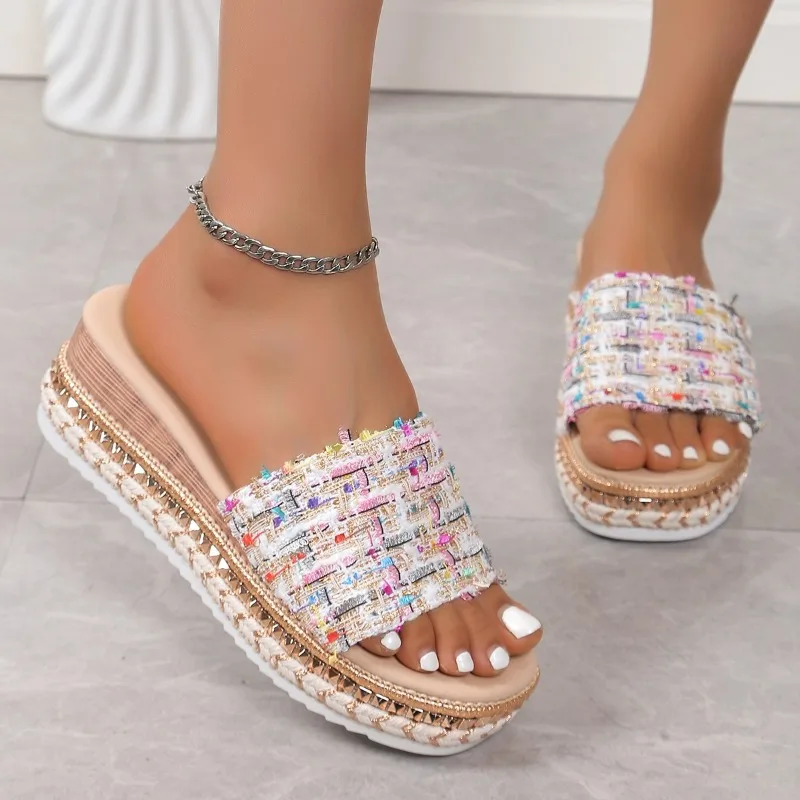 2024 Rimocy New Fashion Striped Platform Slippers Women Summer Canvas Wedge Sandals Woman Plus Size Non Slip Casual Slippers