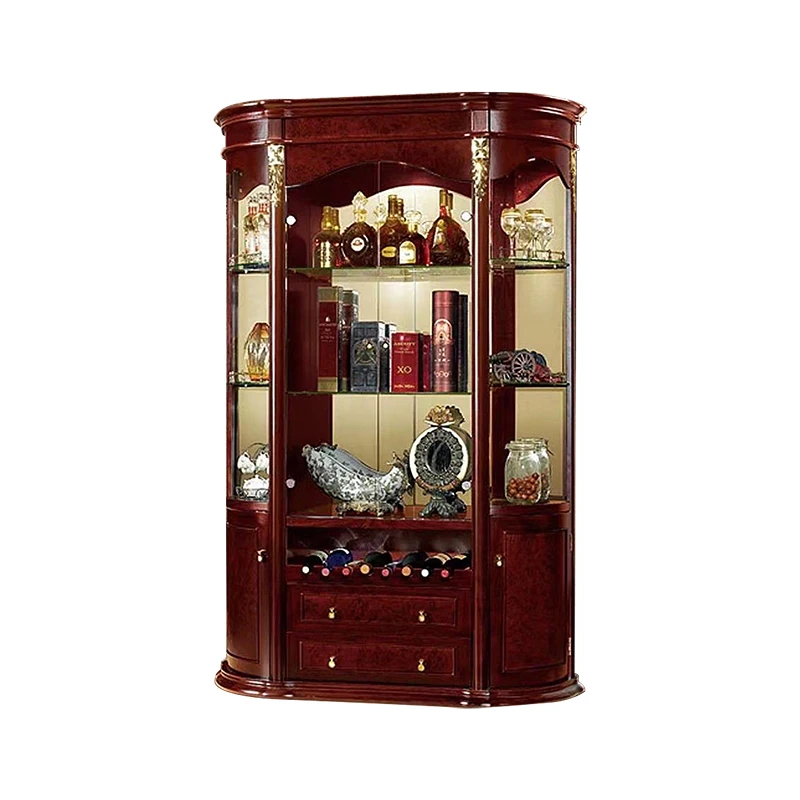 

American Classic Luxury Wood Living Room Wine Cabinet Furniture Storage Home Bar Corner Large Glass Display Wine Rack