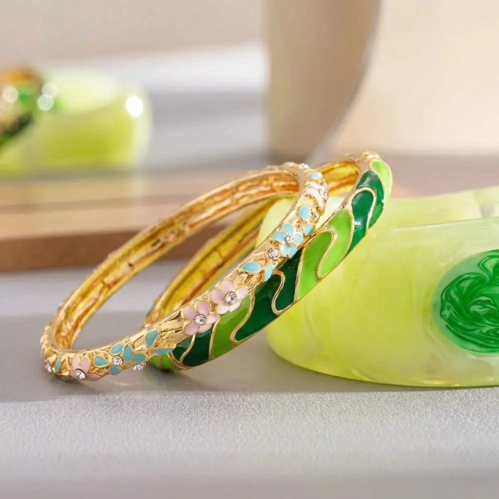 Colorful Enamel Cloisonne Bracelet Retro Dainty Gold Plated Floral Bangle Zinc Alloy Ethnic Style